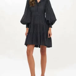 Oliphant Shirt Waist Mini Dress in Midnight Black/Gold - women