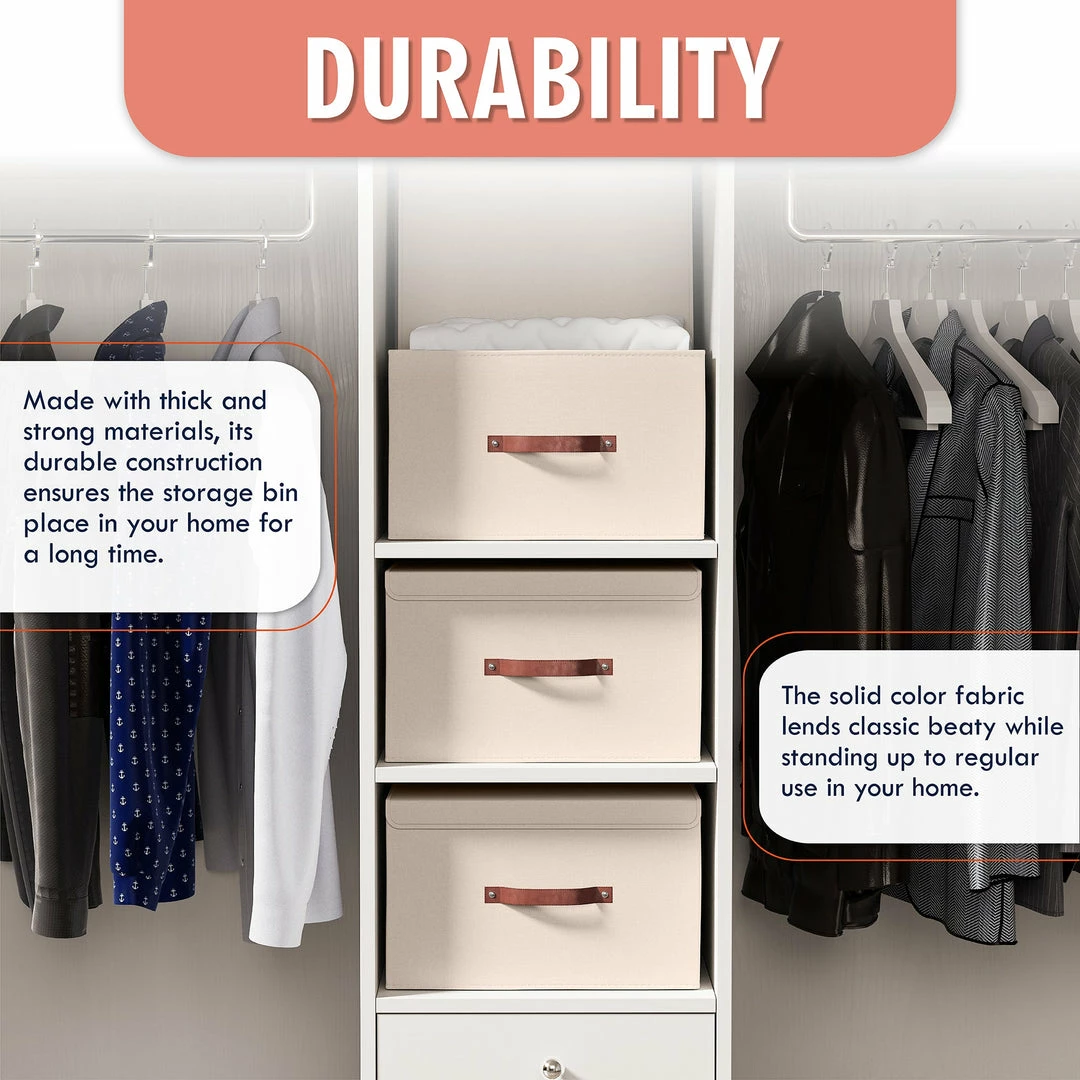 Ornavo Home Foldable Linen Large Storage Bin with Leather Handles and Lid - Set of 3 4 Ornavo Home Foldable Linen Large Storage Bin with Leather Handles and Lid - Set of 3 - Image 2