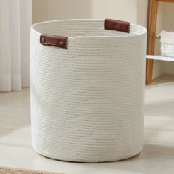 Ornavo Home Large Cotton Rope Laundry Hamper Woven Basket with Leather Handles