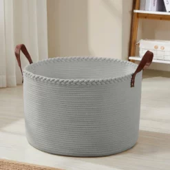 Ornavo Home Extra Large Round Cotton Rope Storage Basket Laundry Hamper with Leather Handles