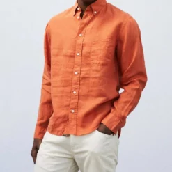 Billy Reid Tuscumbia Linen Shirt in Burnt Orange - men