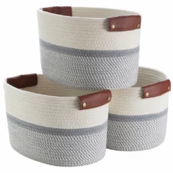 Ornavo Home 3 Pack Woven Cotton Rope Shelf Storage Basket with Leather Handles