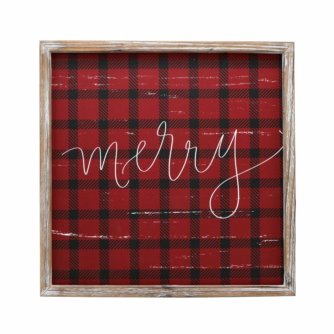 Sweet Water Decor Merry Plaid Wood Sign 18x18" 3 Sweet Water Decor Merry Plaid Wood Sign 18x18"